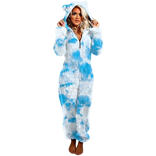 Jumpsuit Damen Teddy Fleece Einteiler Overall Anzug Flauschig Schlafanzug Winter Warm Onesie Plüsch Kuschelig Overall Hausanzug Lang Schlafoverall Weich Pyjama Schlafanzug mit Kapuze XXL von Battnot