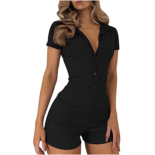 Jumpsuit für Frauen Sommer Kurzarm V Ausschnitt Bodycon Jumpsuit Romper Overalls Y2k Strampler Kurzärmliger Gerippter Strick Strampler mit Knopfleiste vorne am Kragen Spielanzug Bodysuit von Battnot