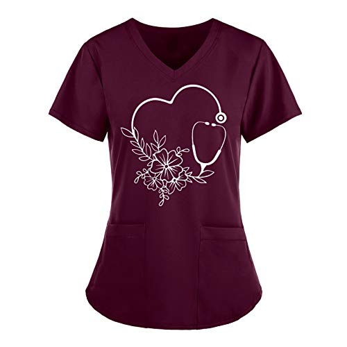 Kasack Damen Pflege Günstig große größen mit Liebe Motiv T-Shirt Schlupfkasack mit Taschen Kurzarm V-Ausschnitt Schlupfhemd Schlupfshirt Berufskleidung Krankenpfleger Uniformen Nurse von Battnot