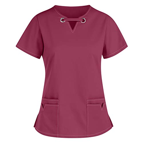 Kasacks Damen Pflege Günstig Einfarbig Kurzarm V-Ausschnitt T-Shirt Tops mit Taschen Schlupfhemd Arbeitsuniform Pflegebekleidung Kasack Krankenpfleger Uniform Pflegeheim Nurse Berufskleidung Tops von Battnot