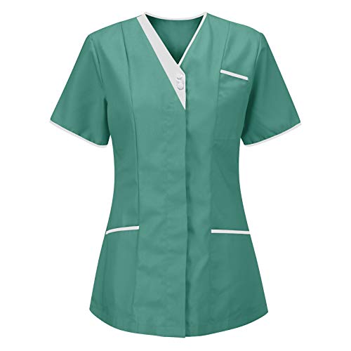 Kasacks Damen Pflege Günstig Einfarbig Kurzarm V-Ausschnitt T-Shirt Tops mit Taschen Schlupfhemd Arbeitsuniform Pflegebekleidung Kasack Krankenpfleger Uniform Pflegeheim Nurse Berufskleidung Tops von Battnot