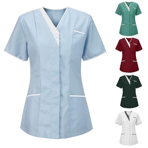 Kasacks Damen Pflege Günstig Einfarbig Kurzarm V-Ausschnitt T-Shirt Tops mit Taschen Schlupfhemd Arbeitsuniform Pflegebekleidung Kasack Krankenpfleger Uniform Pflegeheim Nurse Berufskleidung Tops von Battnot