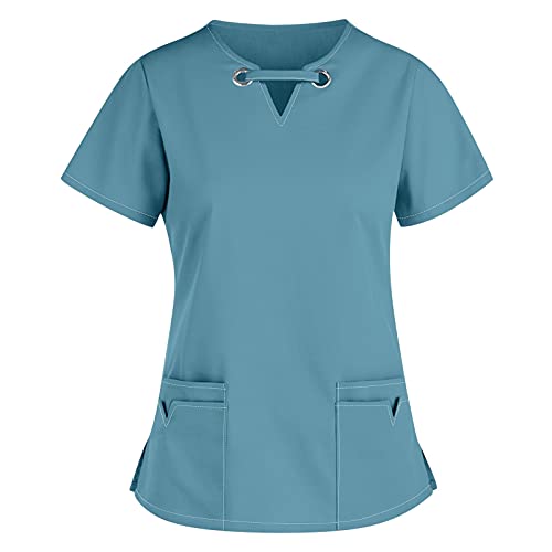 Kasacks Damen Pflege Günstig Einfarbig Kurzarm V-Ausschnitt T-Shirt Tops mit Taschen Schlupfhemd Arbeitsuniform Pflegebekleidung Krankenpfleger Uniform Pflegeheim Nurse Berufskleidung XXXL von Battnot