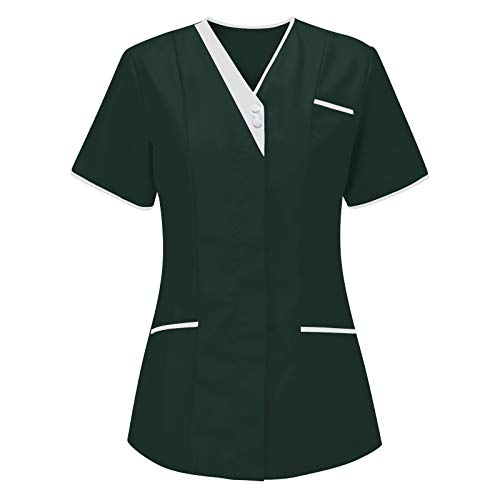 Kasacks Damen Pflege Günstig Einfarbig Kurzarm V-Ausschnitt T-Shirt Tops mit Taschen Schlupfhemd Arbeitsuniform Pflegebekleidung Krankenpfleger Uniform Pflegeheim Nurse Berufskleidung XXXL von Battnot