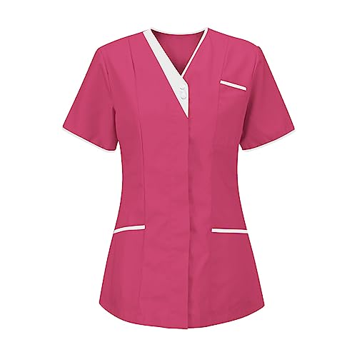 Kasacks Damen Pflege Günstig Einfarbig Kurzarm V-Ausschnitt T-Shirt Tops mit Taschen Schlupfhemd Arbeitsuniform Pflegebekleidung Krankenpfleger Uniform Pflegeheim Nurse Berufskleidung XXXL von Battnot