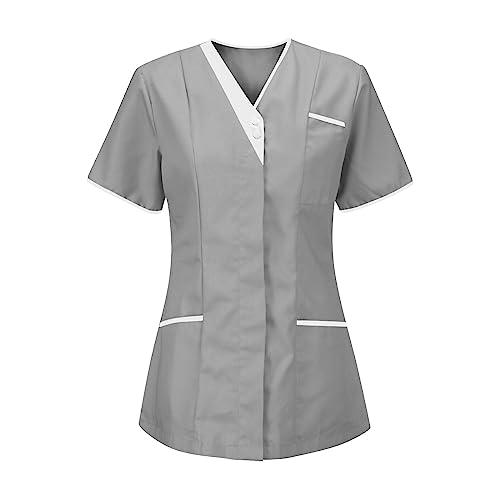 Kasacks Damen Pflege Günstig Einfarbig Kurzarm V-Ausschnitt T-Shirt Tops mit Taschen Schlupfhemd Arbeitsuniform Pflegebekleidung Krankenpfleger Uniform Pflegeheim Nurse Berufskleidung XXXL von Battnot