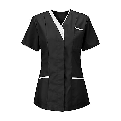 Kasacks Damen Pflege Günstig Krankenhaus Schlupfhemd Bluse Kurzarm V-Ausschnitt Schlupfkasack Uniform Berufsbekleidung Krankenschwester Plus Size Nurse Arbeitskleidung T-Shirt Tops mit Taschen von Battnot