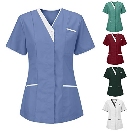 Kasacks Damen Pflege XXL Günstig Einfarbig Kurzarm V-Ausschnitt T-Shirt Tops mit Taschen Schlupfhemd Arbeitsuniform Pflegebekleidung Krankenpfleger Uniform Pflegeheim Nurse Berufskleidung von Battnot