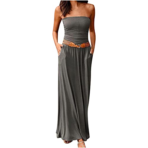 Kleider Damen Sommer Elegant Bandeau Kleid Damen Sommer Boho Sommerkleid Damen Elegant Lang Freizeitkleid Trägerlos Ärmellos Party Strandkleid Boho Kleider Cocktailkleid Strandkleid mit Tasche von Battnot