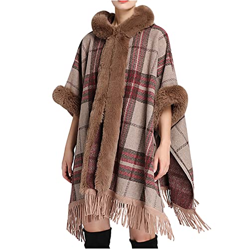 Kunstpelz Poncho Cape Strick Damen Winter Warm Umhang Kunstfell Stola Bolero Cardigan Brautmantel Damen Winter Kunstpelz Kragen Strickjacke Mantel Langer Warm Poncho Cape Deckmantel mit Fell von Battnot
