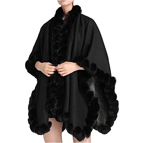 Kunstpelz Poncho Cape Strick Damen Winter Warm Umhang Kunstfell Stola Bolero Cardigan Brautmantel Damen Winter Kunstpelz Kragen Strickjacke Mantel Langer Warm Poncho Cape Deckmantel mit Fell von Battnot