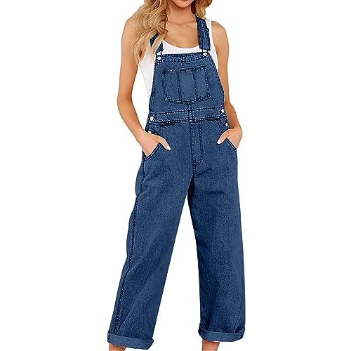 Latzhose Damen Weite Bein Schlag Jumpsuit Latzhose Jeans Damen Overall Loose Fit Baggy Playsuits Sommer Boho Strampler Ärmellos Riemchen Overalls Casual Adjustable Bib Pants von Battnot