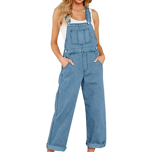 Latzhose Damen Weite Bein Schlag Jumpsuit Latzhose Jeans Damen Overall Loose Fit Baggy Playsuits Sommer Boho Strampler Ärmellos Riemchen Overalls Casual Adjustable Bib Pants von Battnot