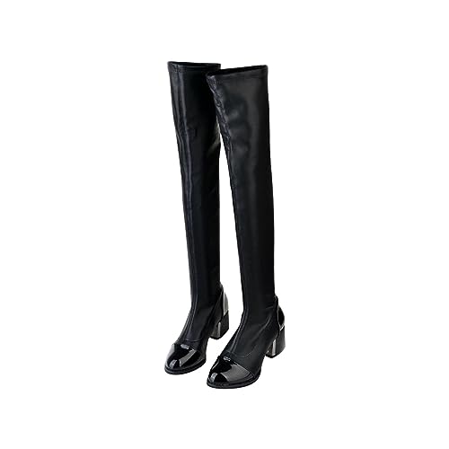 Leder Stiefeletten Damen Schwarz Langschaft Boot Overknee Stiefel Plateau Stiefel mit Blockabsatz Vintage Hohe Ritterstiefel Langschaft Overknees Damen Stiefel Reitstiefel Elegante Kleid Stiefel von Battnot
