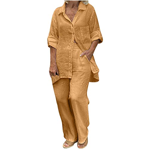 Leinen Hosenanzug Damen, Zweiteiler Damen Sommer Plissee Set Elegant Hosenanzug Button Down Leinenblusen Loungewear Set + High Waist Freizeithose Weite Hose Sommer Outfit Damen Leinen Hosenanzug von Battnot