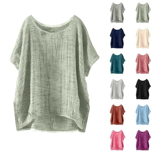Leinenhemd Damen Sommer Modisch Licht Hemdbluse Basic Rundhals Leinenhemd Baumwolle Und Leinen Langarmshirts Bestickte Hemden Halbarm Freizeitoberteile Vintage Boho Tops Oversized Oberteil von Battnot