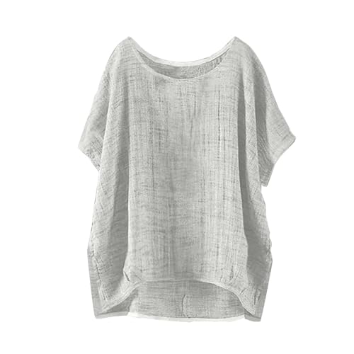 Leinenhemd Damen Sommer Modisch Licht Hemdbluse Basic Rundhals Leinenhemd Baumwolle Und Leinen Langarmshirts Bestickte Hemden Halbarm Freizeitoberteile Vintage Boho Tops Oversized Oberteil von Battnot
