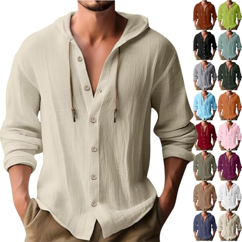 Leinenhemd Herren Baumwolle Leinen Hoodie Einfarbig Hoody Oberteile Knopfleiste Langarm Hemd mit Kapuze Modische Langarmshirt Sommerhemd Shirt Leichte Bequem Freizeithemden von Battnot