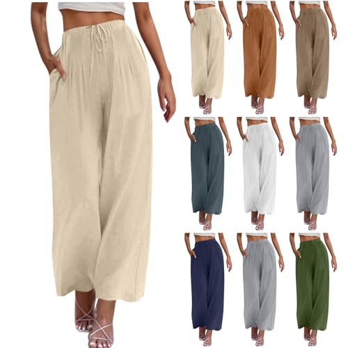 Leinenhose Damen Sommer Hose Weites Bein Baumwolle Leinen Sommerhose Lang Elastisch Hohe Taille Freizeithose Strandhose Leichte Loose Boho Hosen Bequeme Stoffhose Baumwollehosen von Battnot