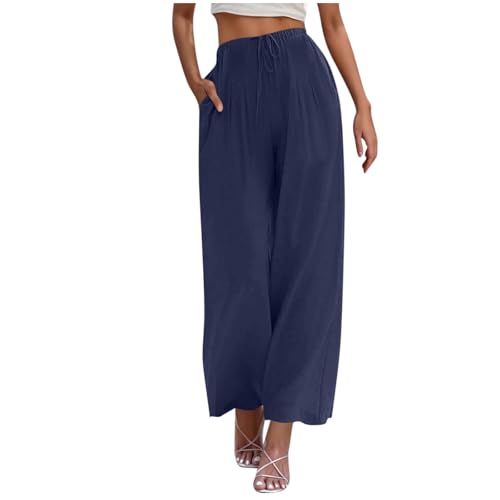 Leinenhose Damen Sommer Hose Weites Bein Baumwolle Leinen Sommerhose Lang Elastisch Hohe Taille Freizeithose Strandhose Leichte Loose Boho Hosen Bequeme Stoffhose Baumwollehosen von Battnot