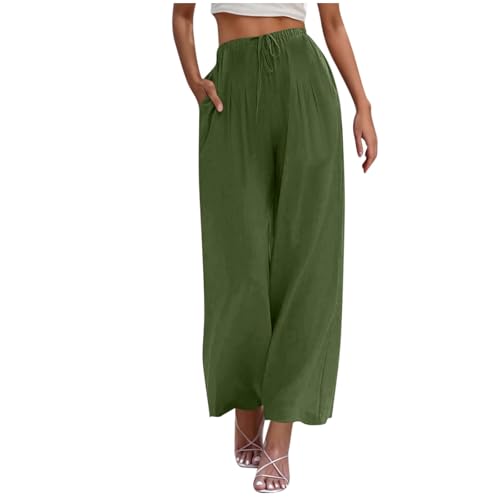 Leinenhose Damen Sommer Hose Weites Bein Baumwolle Leinen Sommerhose Lang Elastisch Hohe Taille Freizeithose Strandhose Leichte Loose Boho Hosen Bequeme Stoffhose Baumwollehosen von Battnot