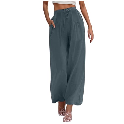 Leinenhose Damen Sommer Hose Weites Bein Baumwolle Leinen Sommerhose Lang Elastisch Hohe Taille Freizeithose Strandhose Leichte Loose Boho Hosen Bequeme Stoffhose Baumwollehosen von Battnot