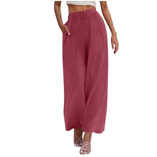 Leinenhose Damen Sommer Hose Weites Bein Baumwolle Leinen Sommerhose Lang Elastisch Hohe Taille Freizeithose Strandhose Leichte Loose Boho Hosen Bequeme Stoffhose Baumwollehosen von Battnot