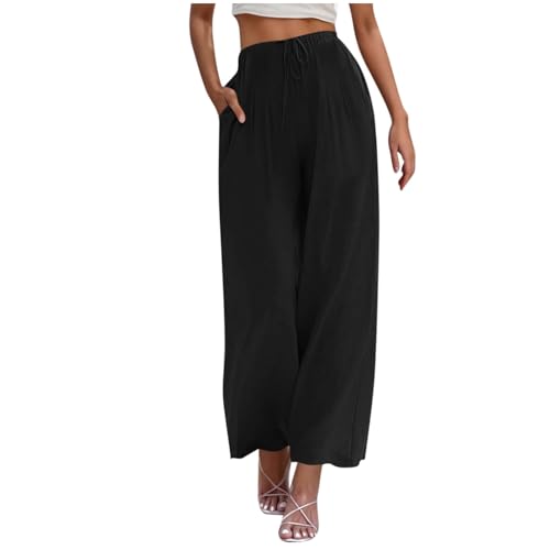 Leinenhose Damen Sommer Hose Weites Bein Baumwolle Leinen Sommerhose Lang Elastisch Hohe Taille Freizeithose Strandhose Leichte Loose Boho Hosen Bequeme Stoffhose Baumwollehosen von Battnot