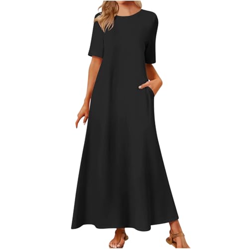 Leinenkleid Damen Sommer Casual Midikleid Kurzarm A-Linie Kleid Strandkleid Sommerkleid Damen Kleider Rundhalsausschnitt Kurzarm Freizeitkleid Strandkleider Boho Lang Kleid mit Taschen von Battnot
