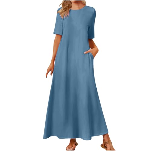 Leinenkleid Damen Sommer Casual Midikleid Kurzarm A-Linie Kleid Strandkleid Sommerkleid Damen Kleider Rundhalsausschnitt Kurzarm Freizeitkleid Strandkleider Boho Lang Kleid mit Taschen von Battnot