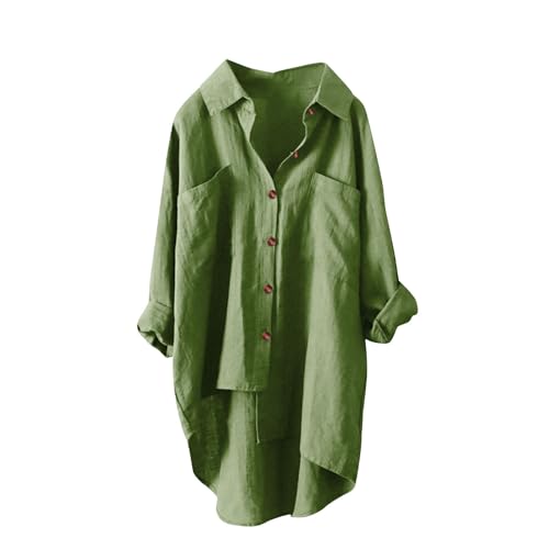 Musselin Bluse Damen Leinenbluse Damen V-Ausschnitt Button Down Hemd Blusen Langarm Baumwolle Einfarbig Hemdbluse Longbluse mit Tasche Oberteil Freizeithemd Tunika Große Größen von Battnot