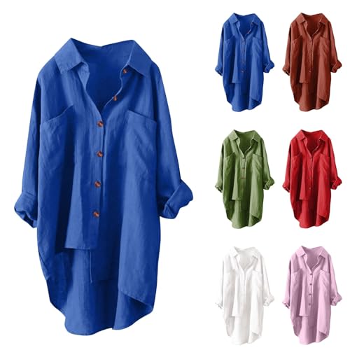 Musselin Bluse Damen Leinenbluse Damen V-Ausschnitt Button Down Hemd Blusen Langarm Baumwolle Einfarbig Hemdbluse Longbluse mit Tasche Oberteil Freizeithemd Tunika Große Größen von Battnot