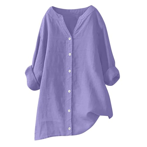 Musselin Bluse Damen Leinenbluse Damen V-Ausschnitt Button Down Hemd Blusen Langarm Baumwolle Einfarbig Hemdbluse Longbluse mit Tasche Oberteil Freizeithemd Tunika Große Größen von Battnot