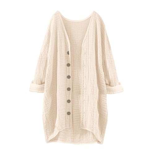 Musselin Bluse Damen Oversized, Strickjacke Damen Hemdbluse Langarm Hemd Einfarbig Baumwolle Leinen Oberteil, Longtops, Elegant Sommerjacke Leichte Lang Cardigan Shirtjacke Langarmshirt von Battnot