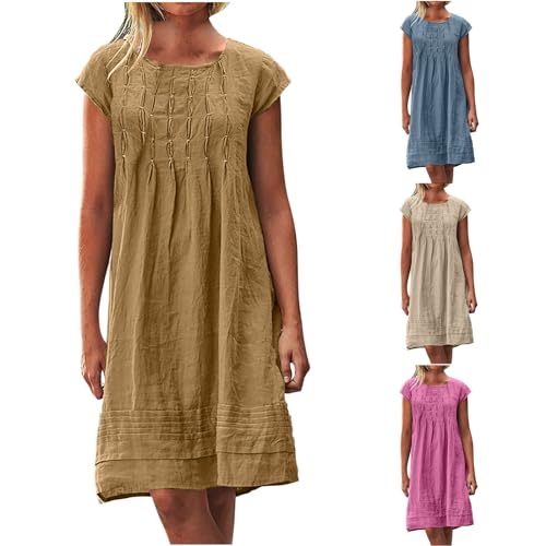 Musselin Kleid Damen Sommer Plissee Leinenkleid Große Größen Sommerkleid Damen Kleider Sommer Casual Rundhalsausschnitt Kurzarm Freizeitkleid Strandkleider Boho Kleid A-Linie Kleid von Battnot