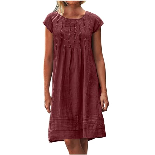 Musselin Kleid Damen Sommer Plissee Leinenkleid Große Größen Sommerkleid Damen Kleider Sommer Casual Rundhalsausschnitt Kurzarm Freizeitkleid Strandkleider Boho Kleid A-Linie Kleid von Battnot