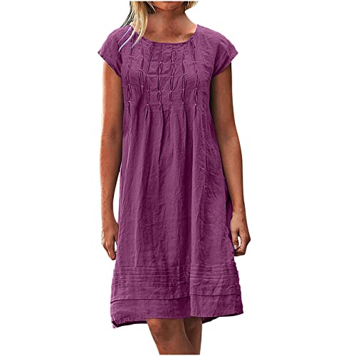 Musselin Kleid Damen Sommer Plissee Leinenkleid Große Größen Sommerkleid Damen Kleider Sommer Casual Rundhalsausschnitt Kurzarm Freizeitkleid Strandkleider Boho Kleid A-Linie Kleid von Battnot