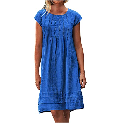 Musselin Kleid Damen Sommer Plissee Leinenkleid Große Größen Sommerkleid Damen Kleider Sommer Casual Rundhalsausschnitt Kurzarm Freizeitkleid Strandkleider Boho Kleid A-Linie Kleid von Battnot