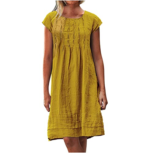 Musselin Kleid Damen Sommer Plissee Leinenkleid Große Größen Sommerkleid Damen Kleider Sommer Casual Rundhalsausschnitt Kurzarm Freizeitkleid Strandkleider Boho Kleid A-Linie Kleid von Battnot