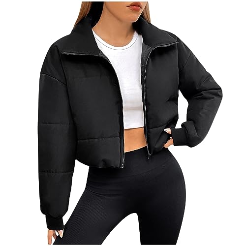 Pufferjacke Damen Winter Cropped Puffer Jacke Patch Crop Stehkragen Gesteppte Puffer Jacken Outwear Leichter Mantel Damen Jacke Puffer 3/4 Jacke Jacke Daunen Crop Winterjacke Bauchfrei Schwarz von Battnot