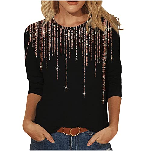 Pullover Damen Glitzer Druck Shirt Langarm Oberteile Glitzer Motive Festlich Tunika Pailletten T-Shirt 3/4 Arm Oberteile Große Größen Abend Party Langarm Gold Damenbluse Bluse Langarmshirt T-Shirt von Battnot