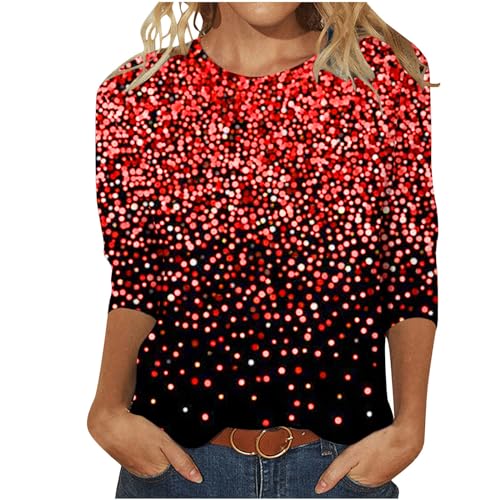 Pullover Damen Glitzer Druck Shirt Langarm Oberteile Glitzer Motive Festlich Tunika Pailletten T-Shirt 3/4 Arm Oberteile Große Größen Abend Party Langarm Gold Damenbluse Bluse Langarmshirt T-Shirt von Battnot