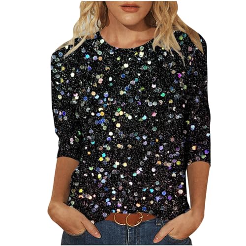 Pullover Damen Glitzer Druck Shirt Langarm Oberteile Glitzer Motive Festlich Tunika Pailletten T-Shirt 3/4 Arm Oberteile Große Größen Abend Party Langarm Gold Damenbluse Bluse Langarmshirt T-Shirt von Battnot