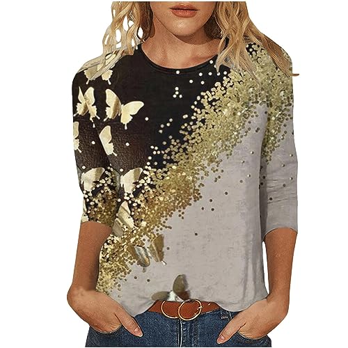 Pullover Damen Glitzer Druck Shirt Langarm Oberteile Glitzer Motive Festlich Tunika Pailletten T-Shirt 3/4 Arm Oberteile Große Größen Abend Party Langarm Gold Damenbluse Bluse Langarmshirt T-Shirt von Battnot