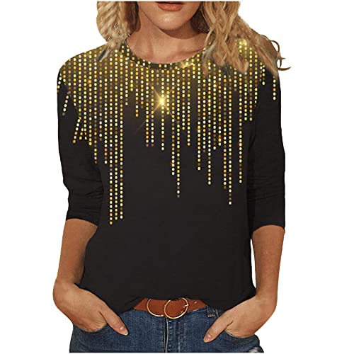 Pullover Damen Glitzer Shirt Langarm Oberteile Glitzertop Glitzer Festlich Tunika Pailletten T-Shirt 3/4 Arm Oberteile Große Größen Abend Party Langarm Gold Damenbluse Bluse Langarmshirt T-Shirt von Battnot