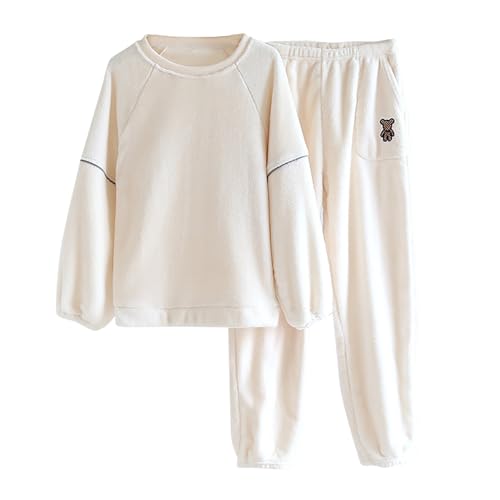 Pyjama Set Damen Plüsch Schlafanzug Damen Lang Fleece Pyjama Set Warm Hausanzug Winter Flauschig Nachtwäsche Freizeitanzug flauschig Hausanzug warm Schlafanzüge für Damen Lounge Set Freizeitanzug von Battnot