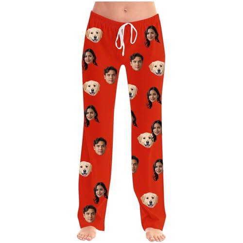 Pyjamahose Herren Schlafanzug Hose Herren Lang Personalisierte lustige Pyjamahose mit Fotogesicht Pyjamahose für Männer und Frauen, Lustige Pyjamahose für Papa, Mama, Frau 01 rot XL von Battnot