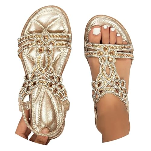 Sandalen Damen Freizeit Flach Sandalette mit Strass Perlen Bohemia Strand Schuhe Casual Ankle Elastic Flip Flops Weichen Sohlen Bequem Sandaletten Freizeit Gummiband Slingback Strandsandalen von Battnot