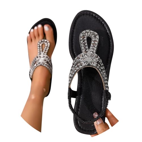 Sandalen Damen Sommer Elegant Boho Flache Sandalen mit Strass Glitzer T-Riemen Sommerschuhe Flip Flops Weichen Sohlen Bequem Sandaletten Freizeit Gummiband Slingback Strandsandalen 35-43EU von Battnot