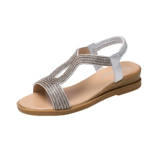 Sandalen Damen Sommer Elegant Boho Flache Sandalen mit Strass Glitzer T-Riemen Sommerschuhe Flip Flops Weichen Sohlen Bohemian Strand Schuhe Freizeit Flip Flope Slingback Strandsandalen von Battnot